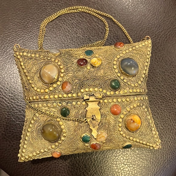 Handbags - Vintage brass Sajai purse with semi-precious stones.